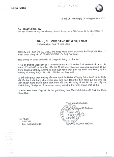 BMW EuroAuto triệu hồi Series 5 & 6 tại Việt Nam